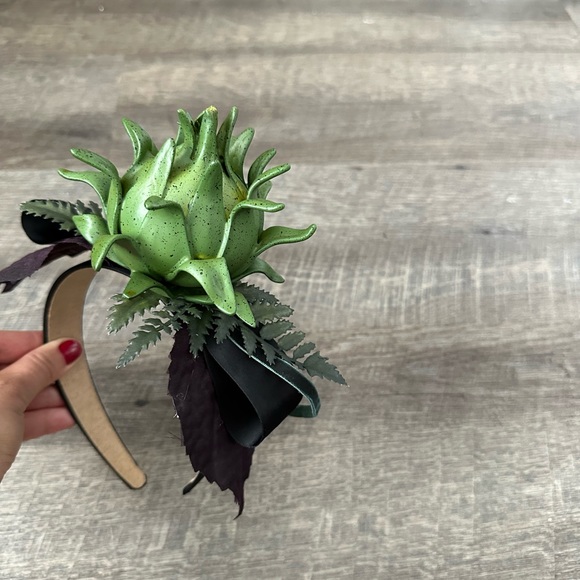 Handmade Designer Fascinator Headband Black Green Purple Thistle Artichoke Bow - Picture 15 of 16